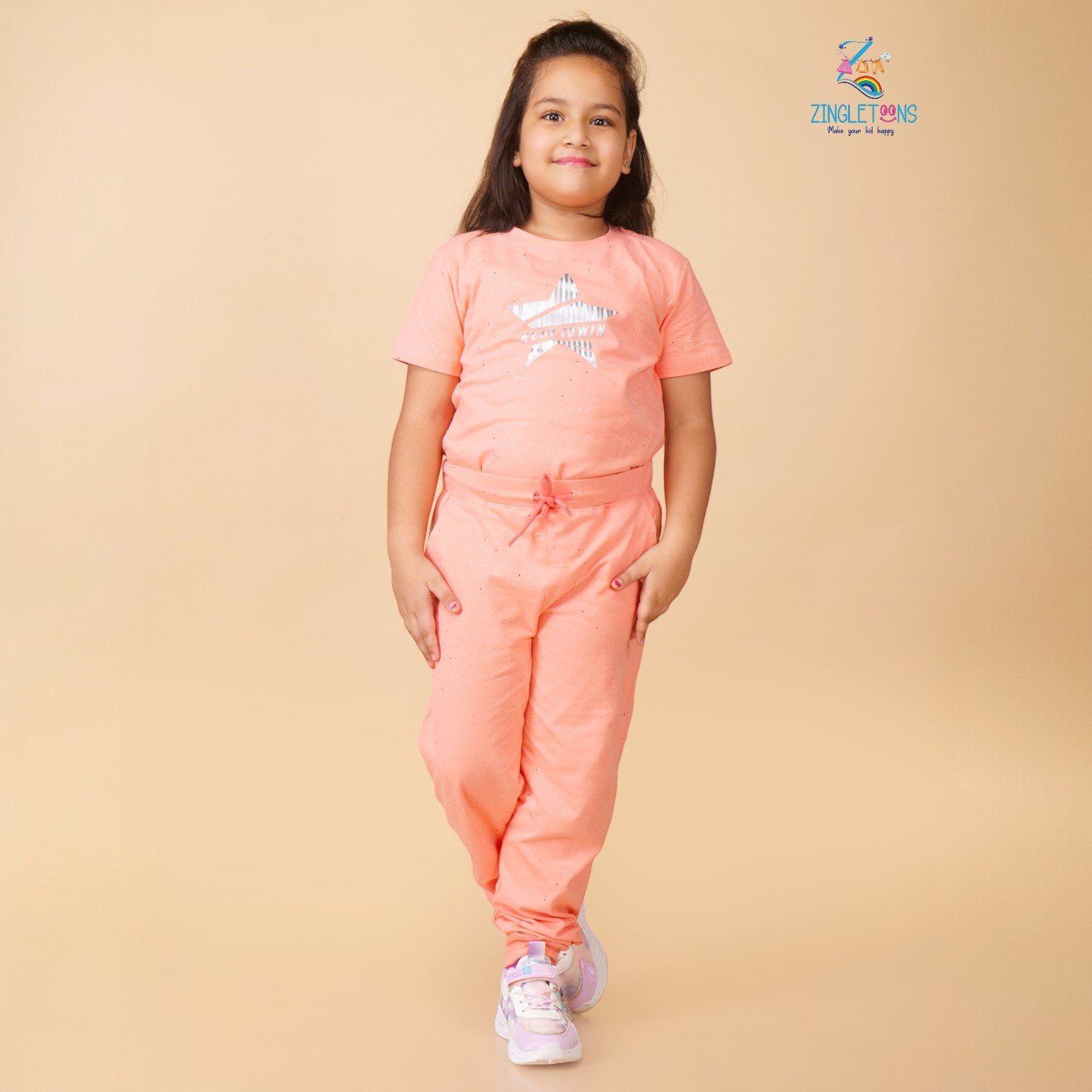 Girls Peach Solid Tshirt And Joggers Clothing Sets