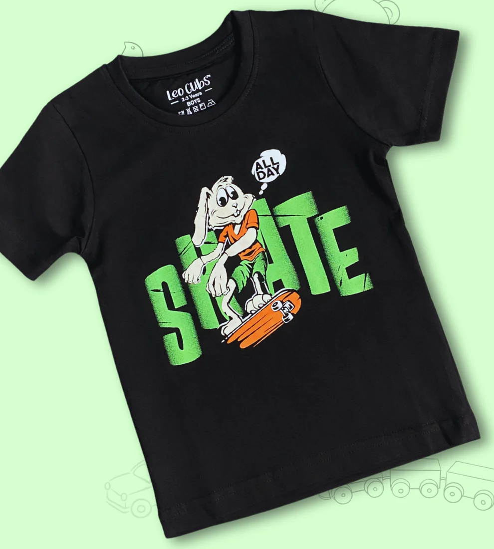 Rabbit Printed Black T-shirt For Boys