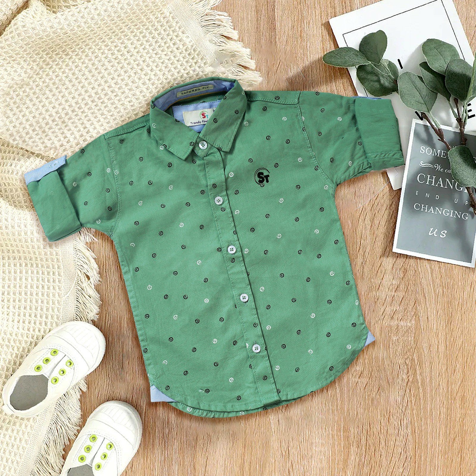 Boys’ Green Printed Half-Sleeve Shirt – Cool & Casual Style