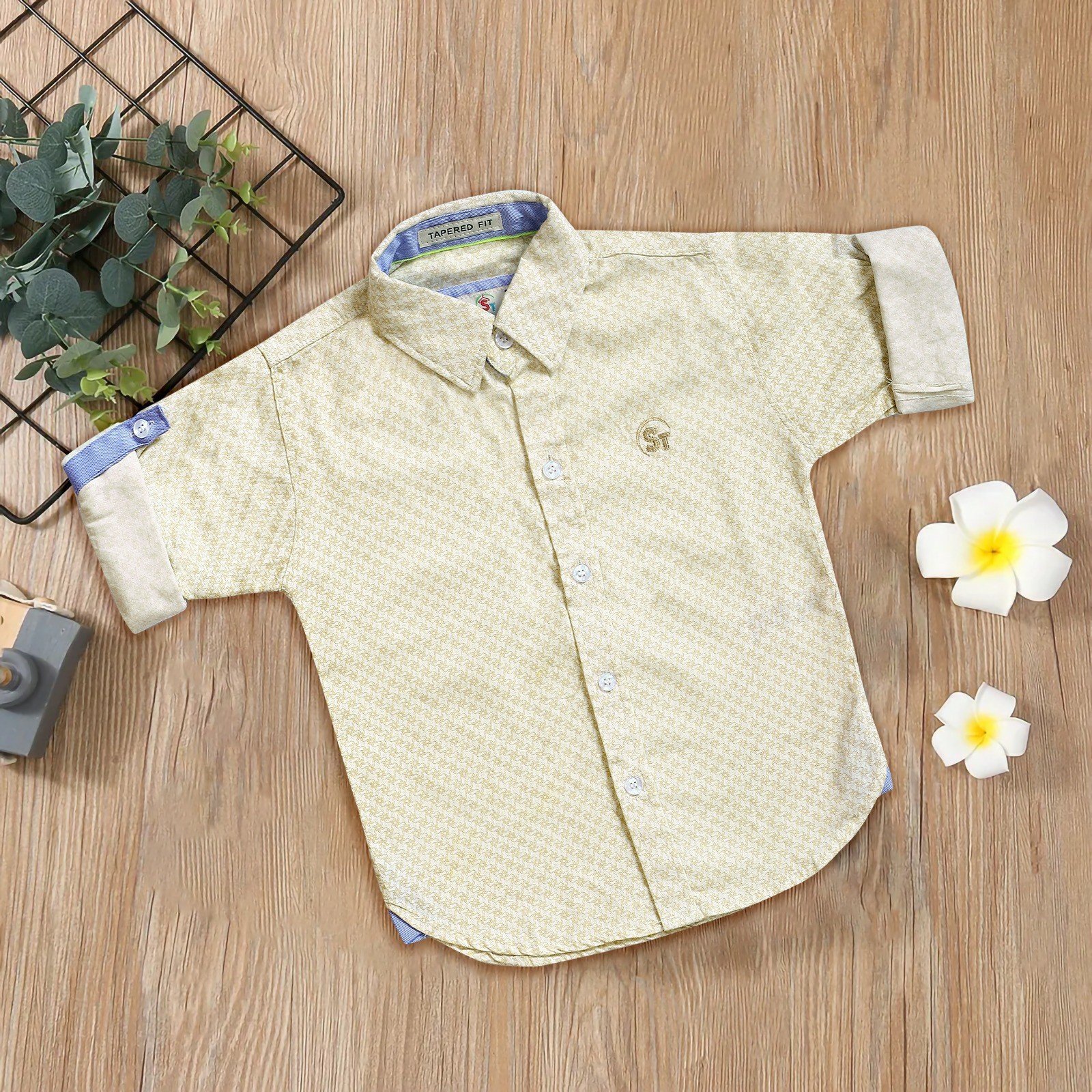 Boys’ Cream Printed Half-Sleeve Shirt – Smart Casual Look