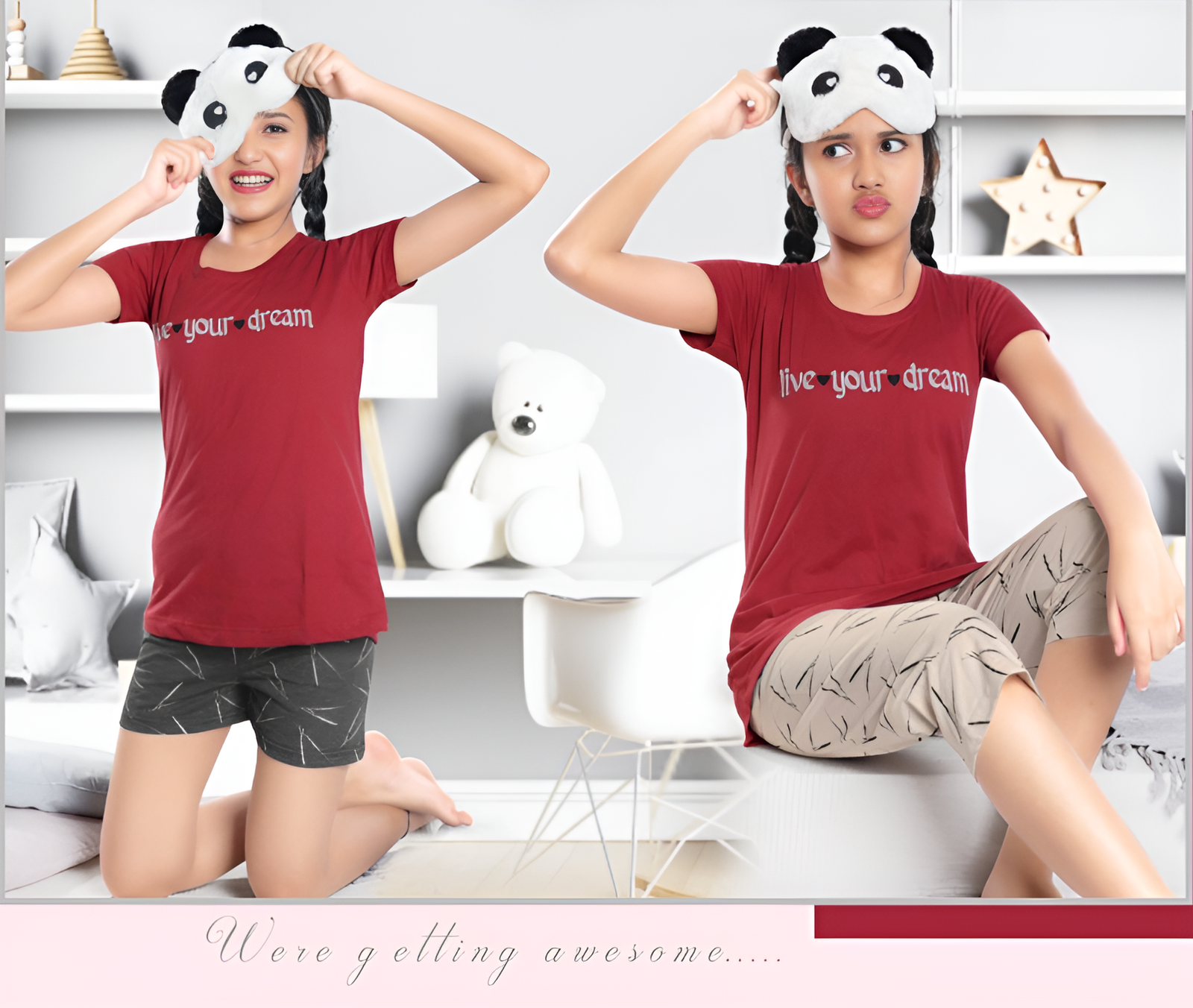 Maroon Nightwear Combo Set For Girls