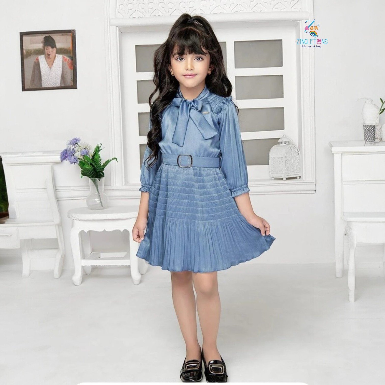 Girls Striped Tie-Up Neck Gathered Detailed Satin Fit & Flare Dress With Belt