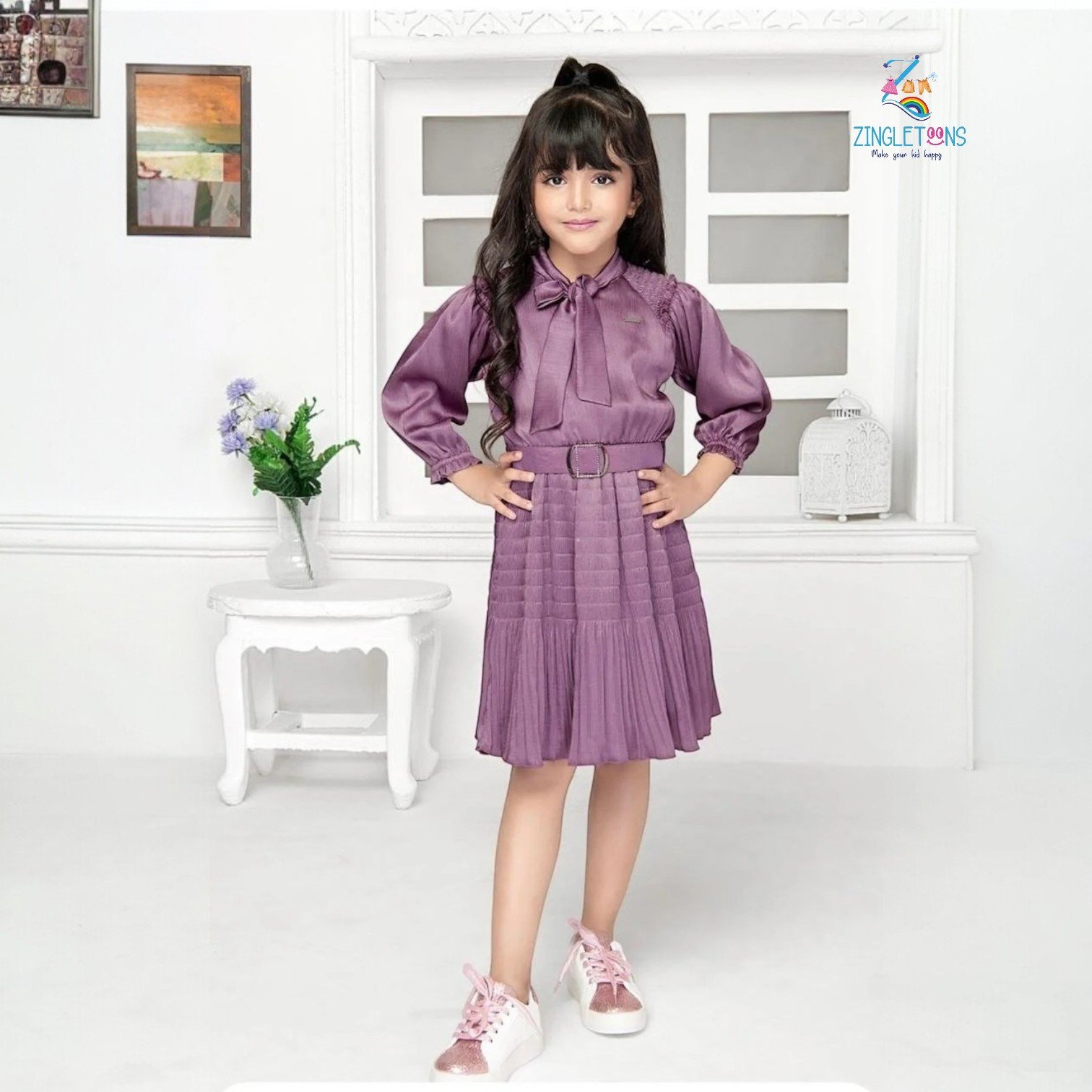 Girls Striped Tie-Up Neck Gathered Detailed Satin Fit & Flare Dress With Belt