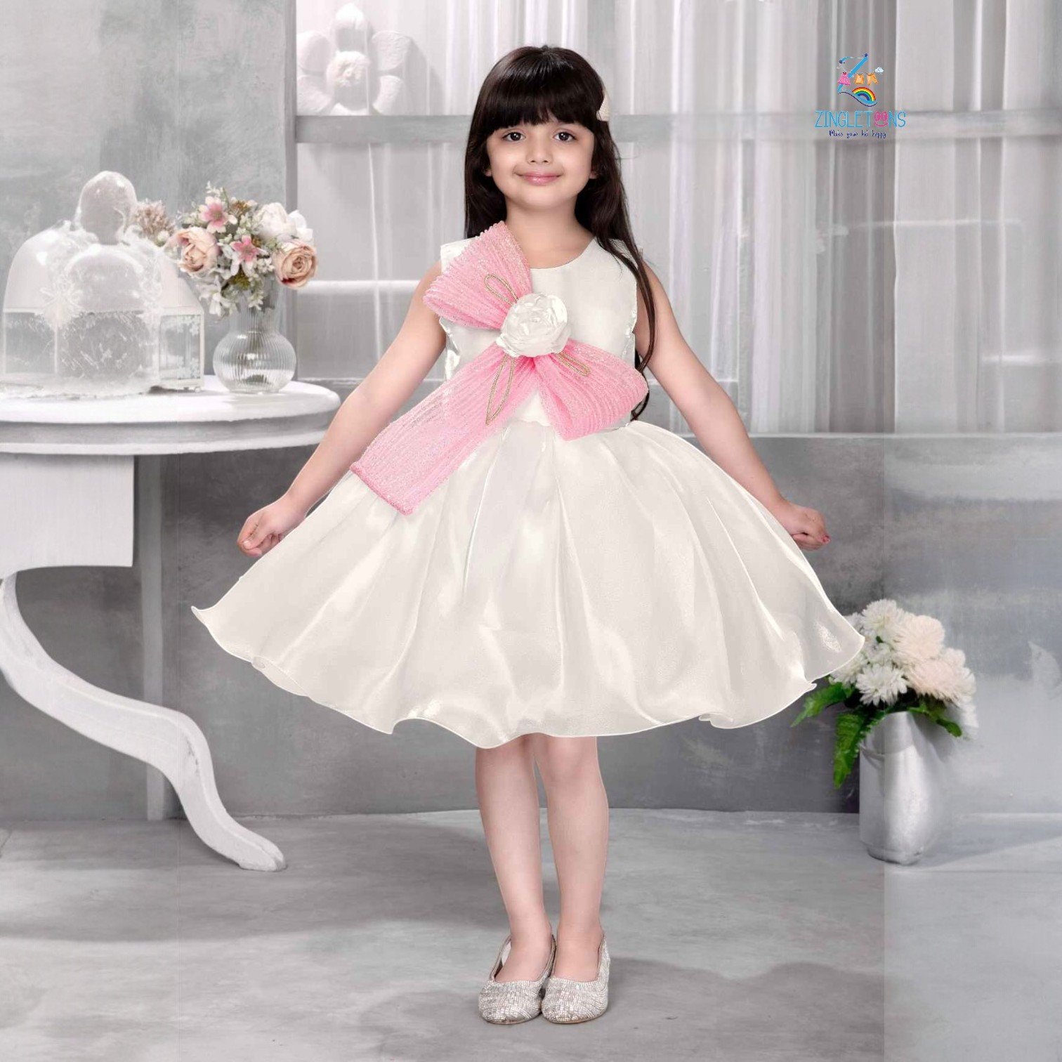 Cream Sequins Work With Bow Embellished Party Wear Frock For Girls