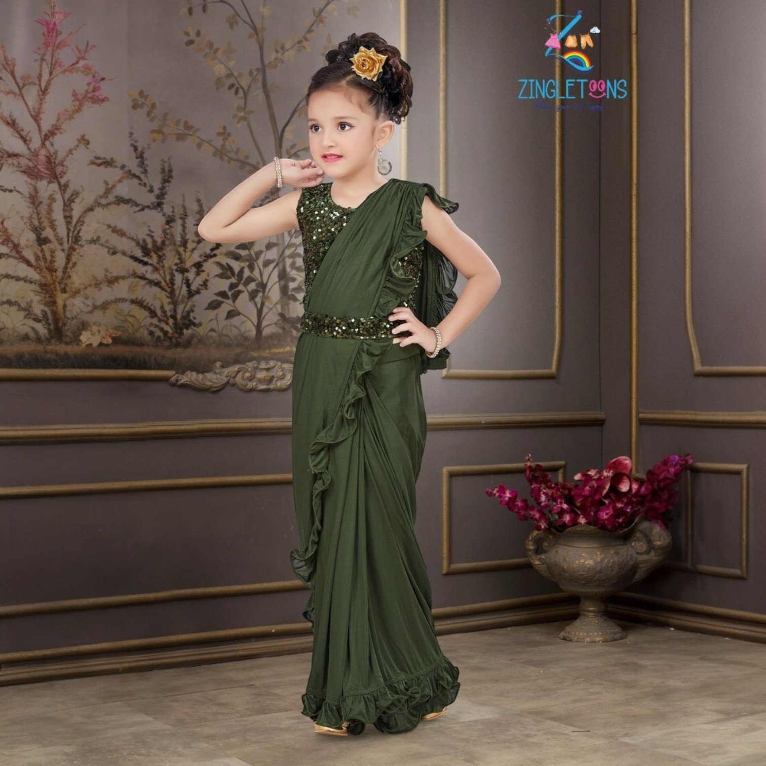 Party Wear Kids Ready To Wear Saree | Green