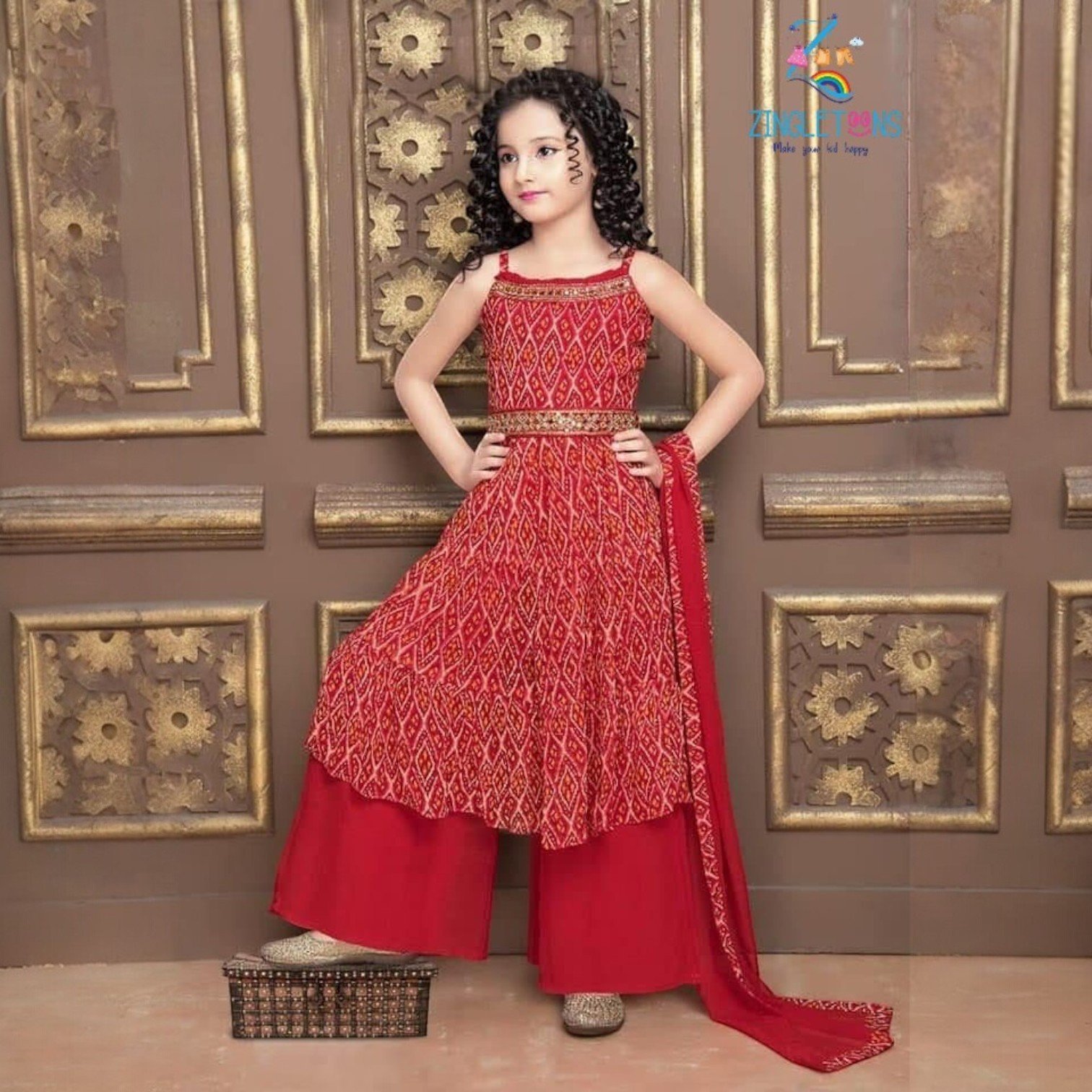 Girls Bandhani Printed Square Neck Pure Cotton A-Line Kurta With Sharara