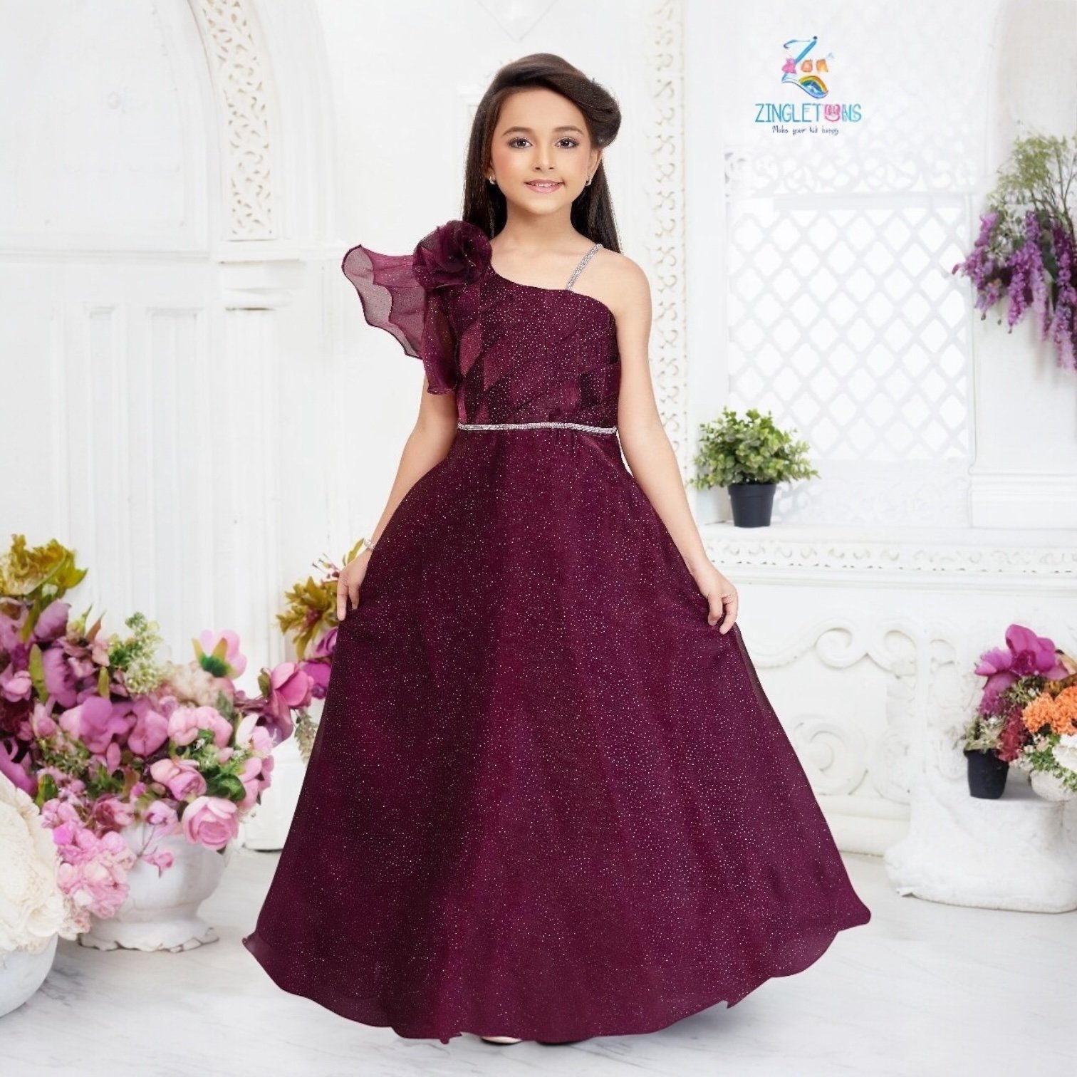 Designer Wine Party Wear Gown For Girls