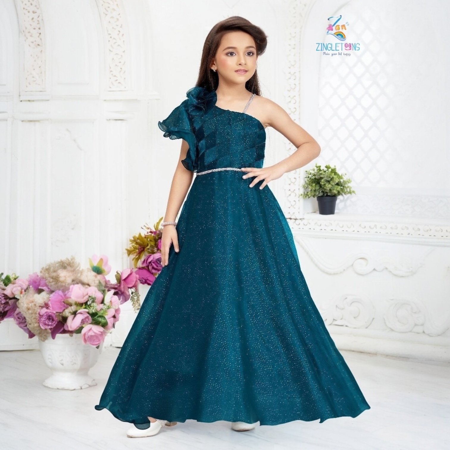 Designer Rama Green Sequins Work Party Wear Gown For Girls