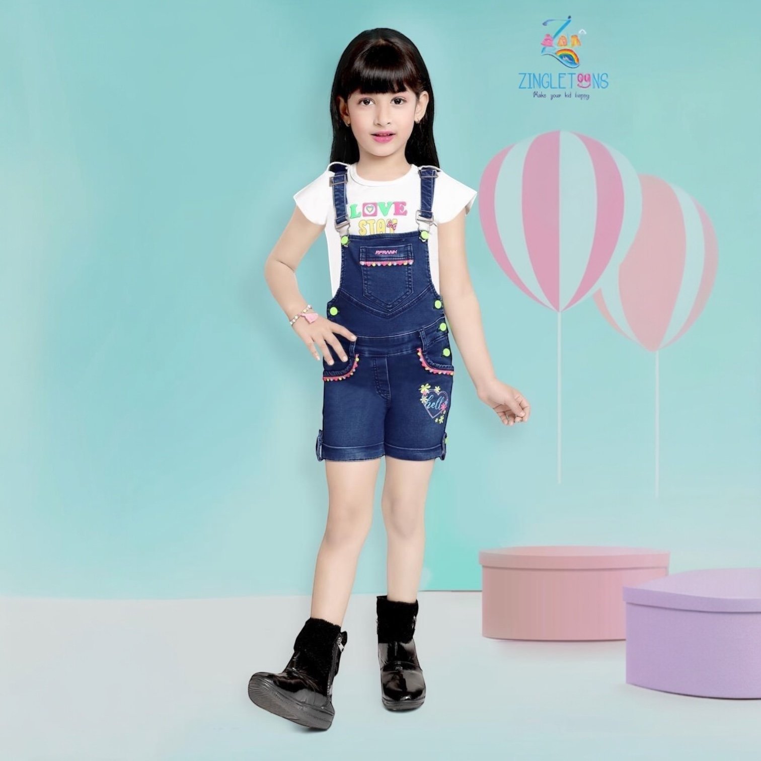 Lovely Slim Fit Denim Dungaree with Top for Kids Girls (DARK BLUE)