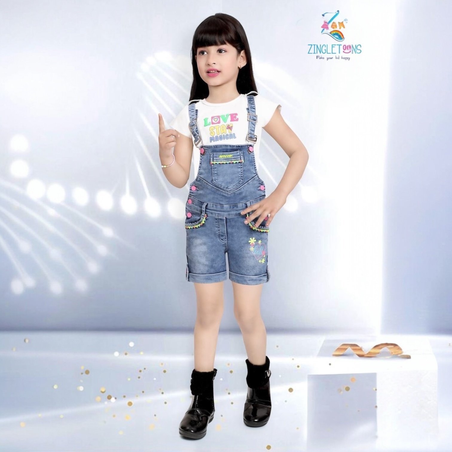 Lovely Slim Fit Denim Dungaree with Top for Kids Girls (Light Blue)