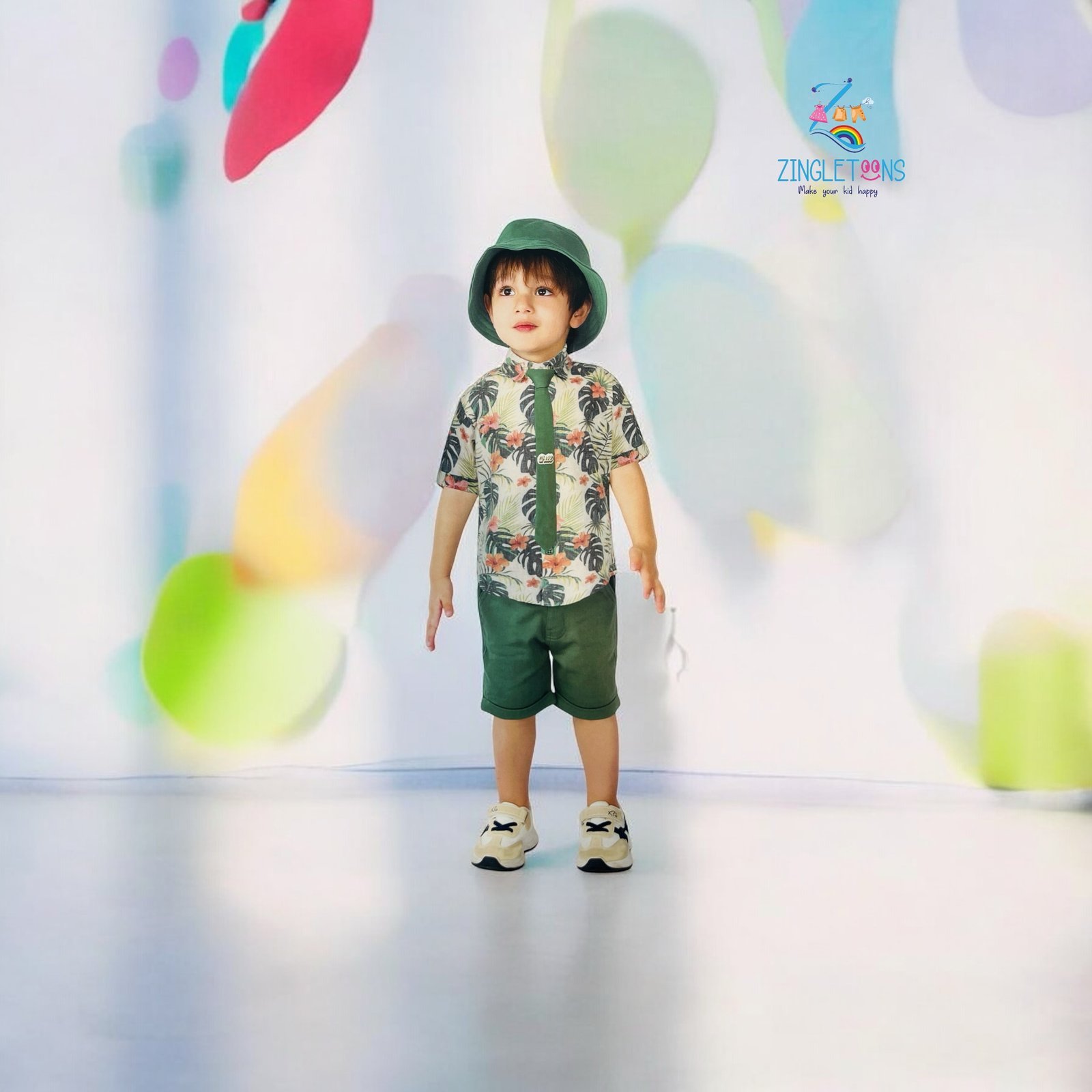 Tropical Jungle Print Kids Outfit Set (Shirt, Shorts & Hat)