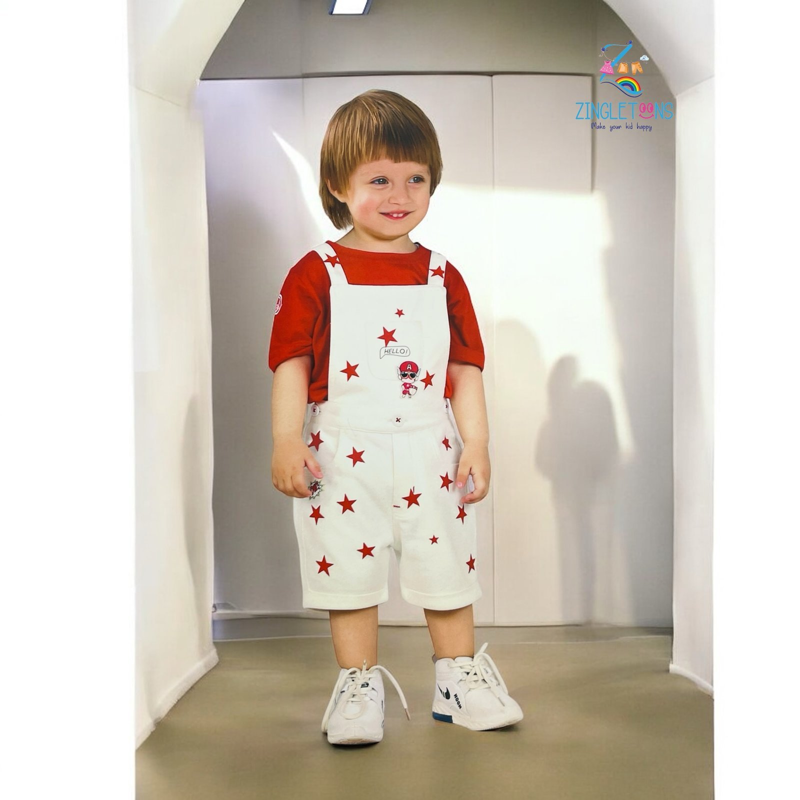 Stylish Red & White Star-Print Dungaree Set for Toddler