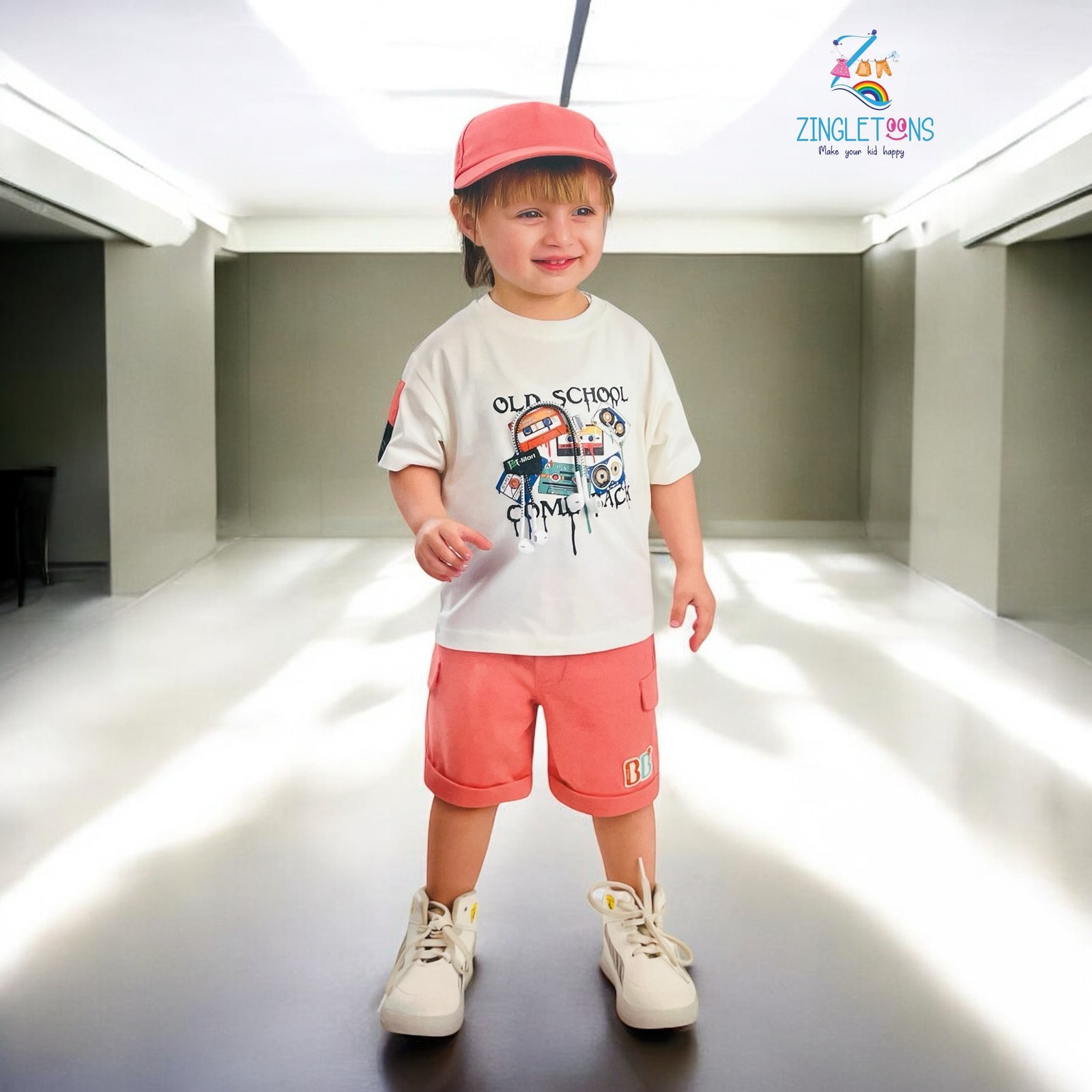 Kids' Cartoon Print Summer Outfit Set – T-Shirt & Shorts with cap