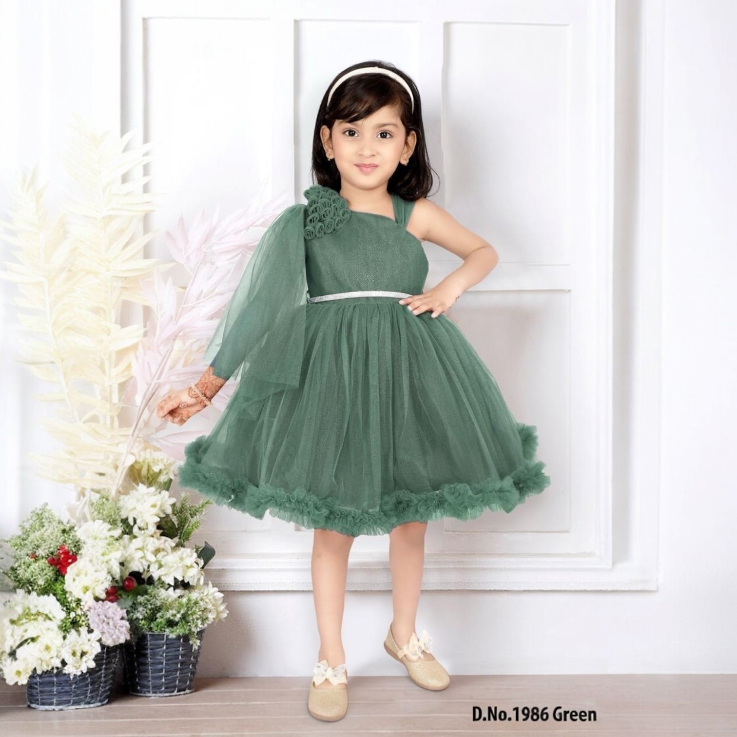 Elegant One-Shoulder Green Party Dress for Girls