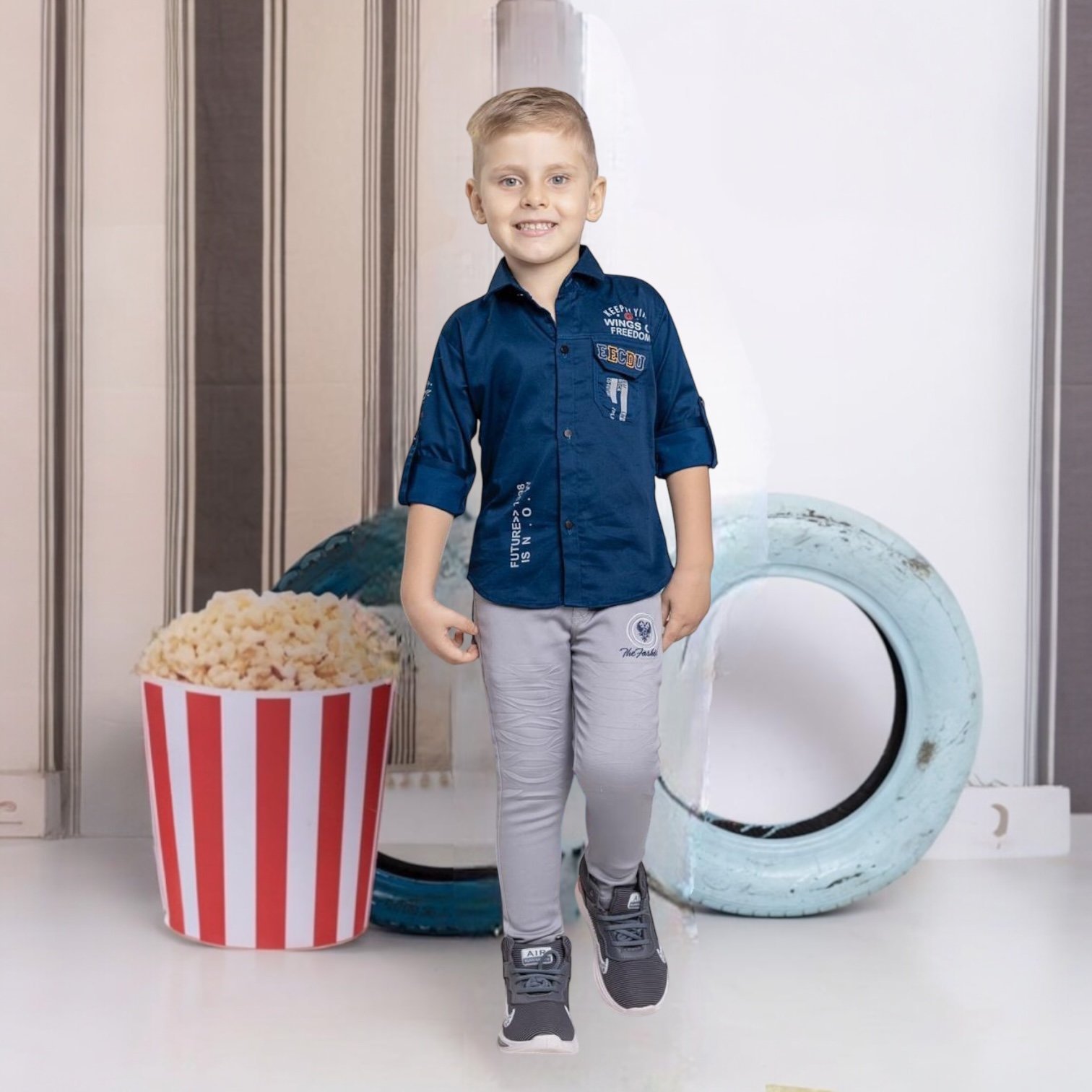 Stylish Boys' Navy Blue Shirt & Light Grey Pants Set