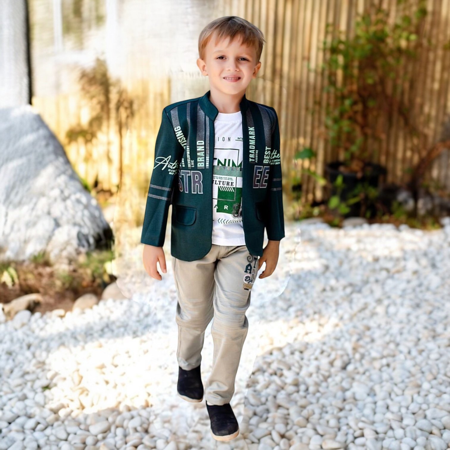 Stylish Boys' Casual Blazer & Pants Set – Green & Beige