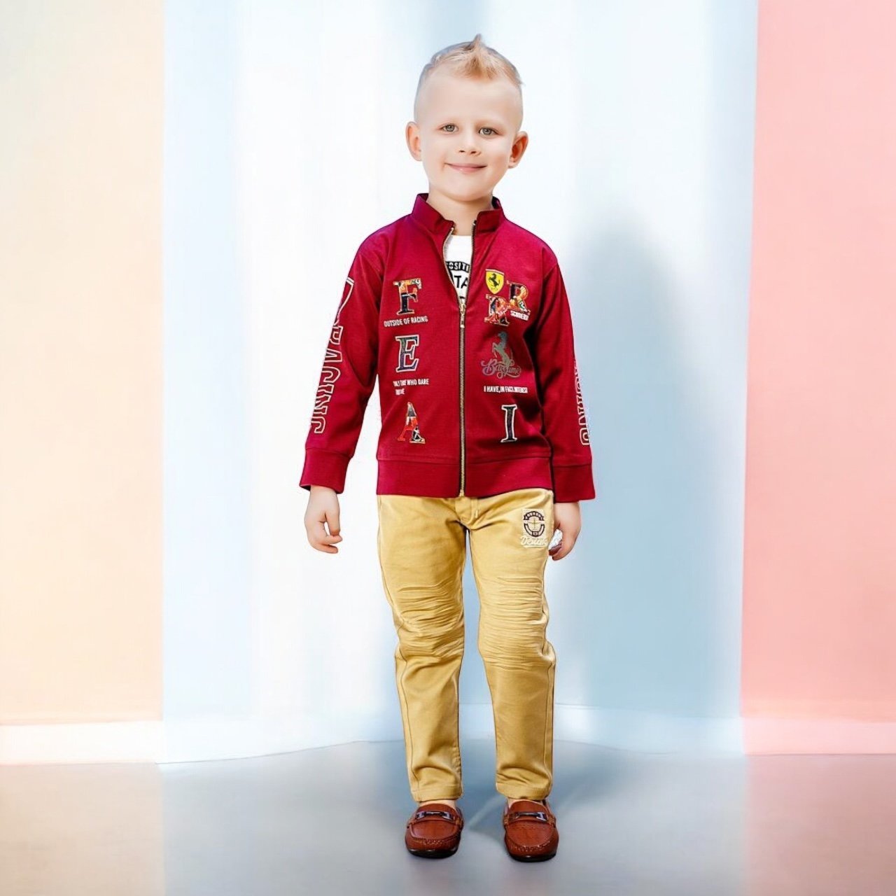 Stylish 3-Piece Kids Clothing Set – Red Jacket, Yellow Pants & T-Shirt